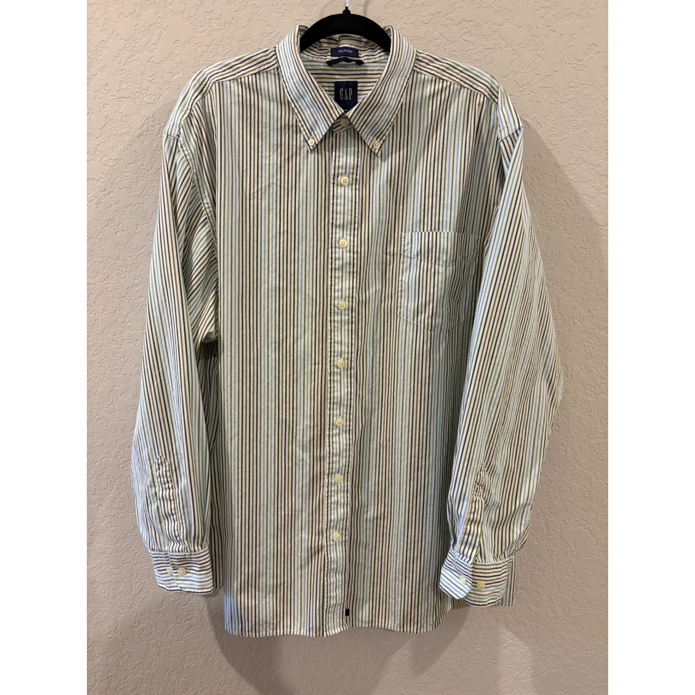Gap Relaxed Fit Mens XXL Striped Button Down Shirt Green Blue White Long Sleeve